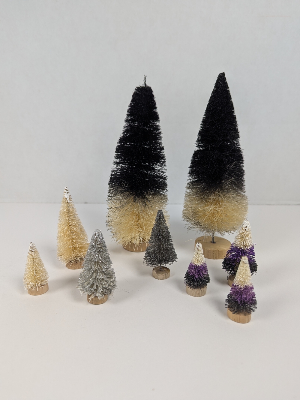 9 Pc Halloween Bottle Brush Trees Black Purple Cream Gothic Spooky Table Decor